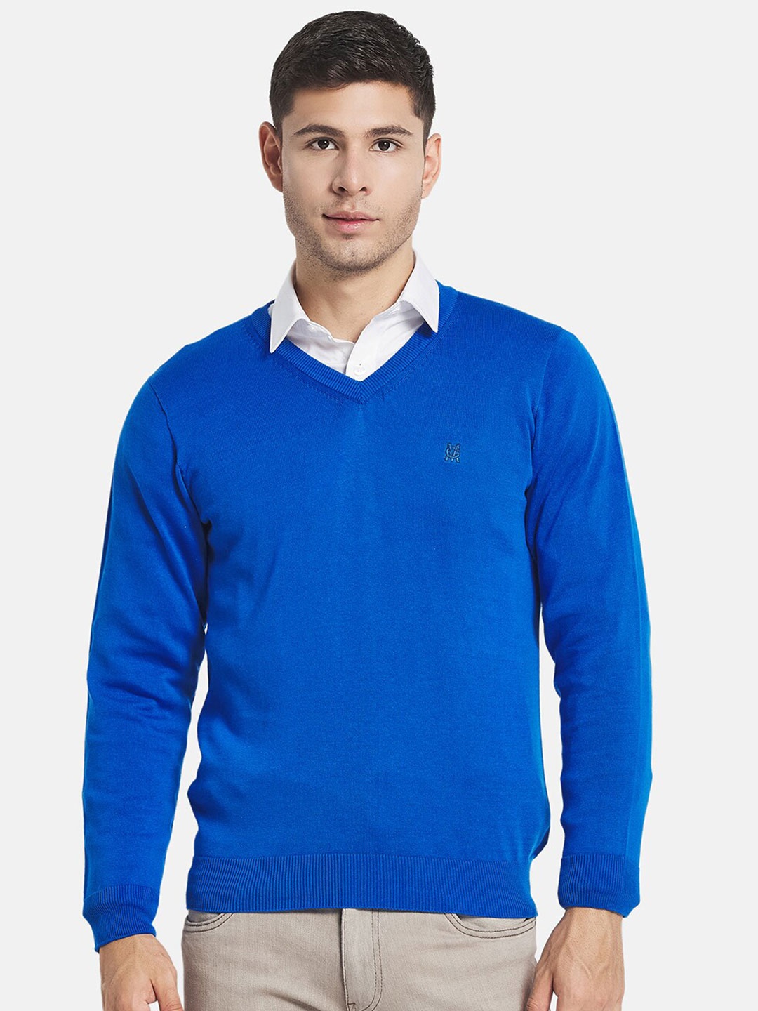

Monte Carlo Men Blue Solid V Neck Cotton Pullover Sweater
