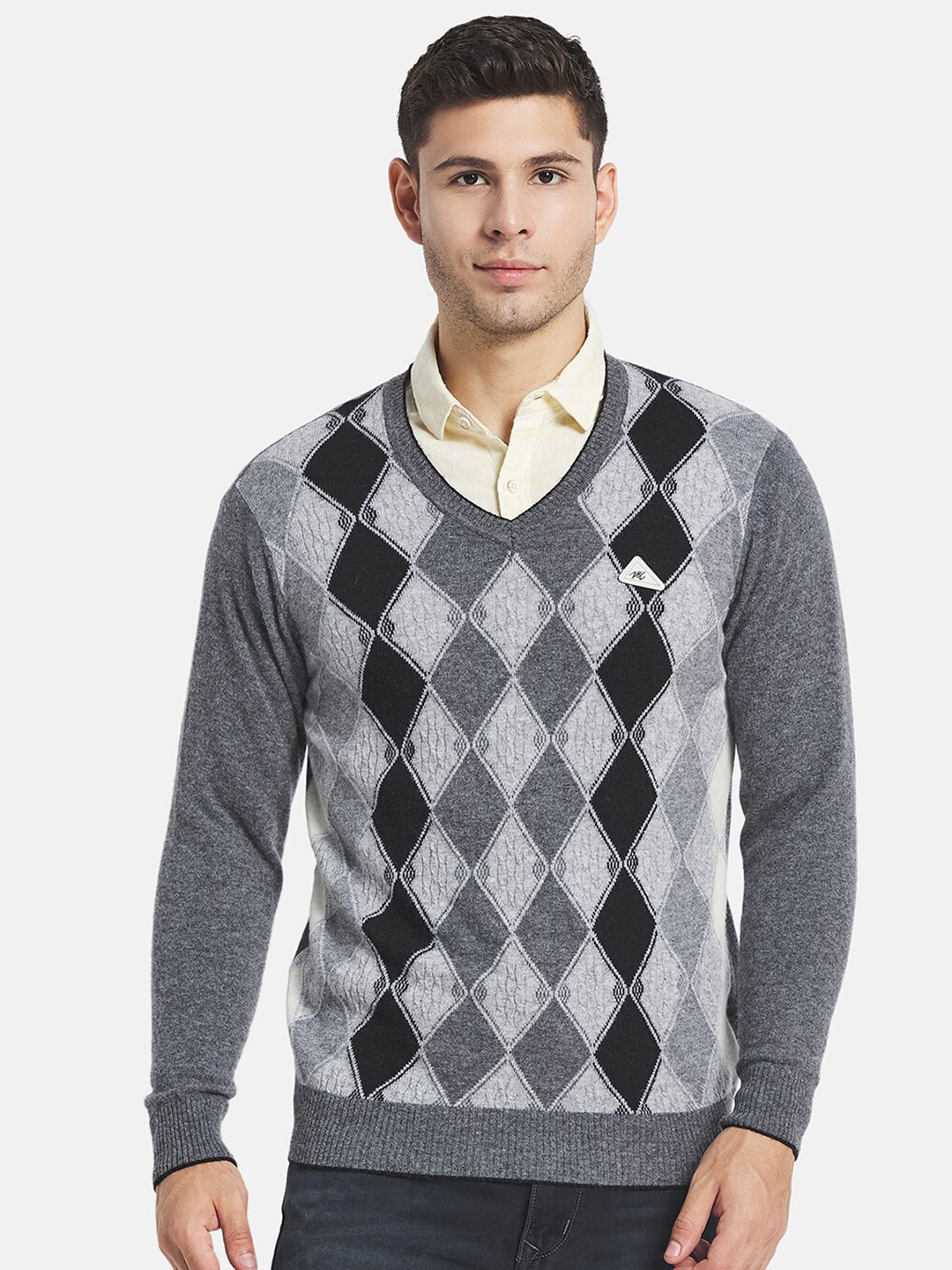 

Monte Carlo Men Grey & Black Wool V-neck Pullover