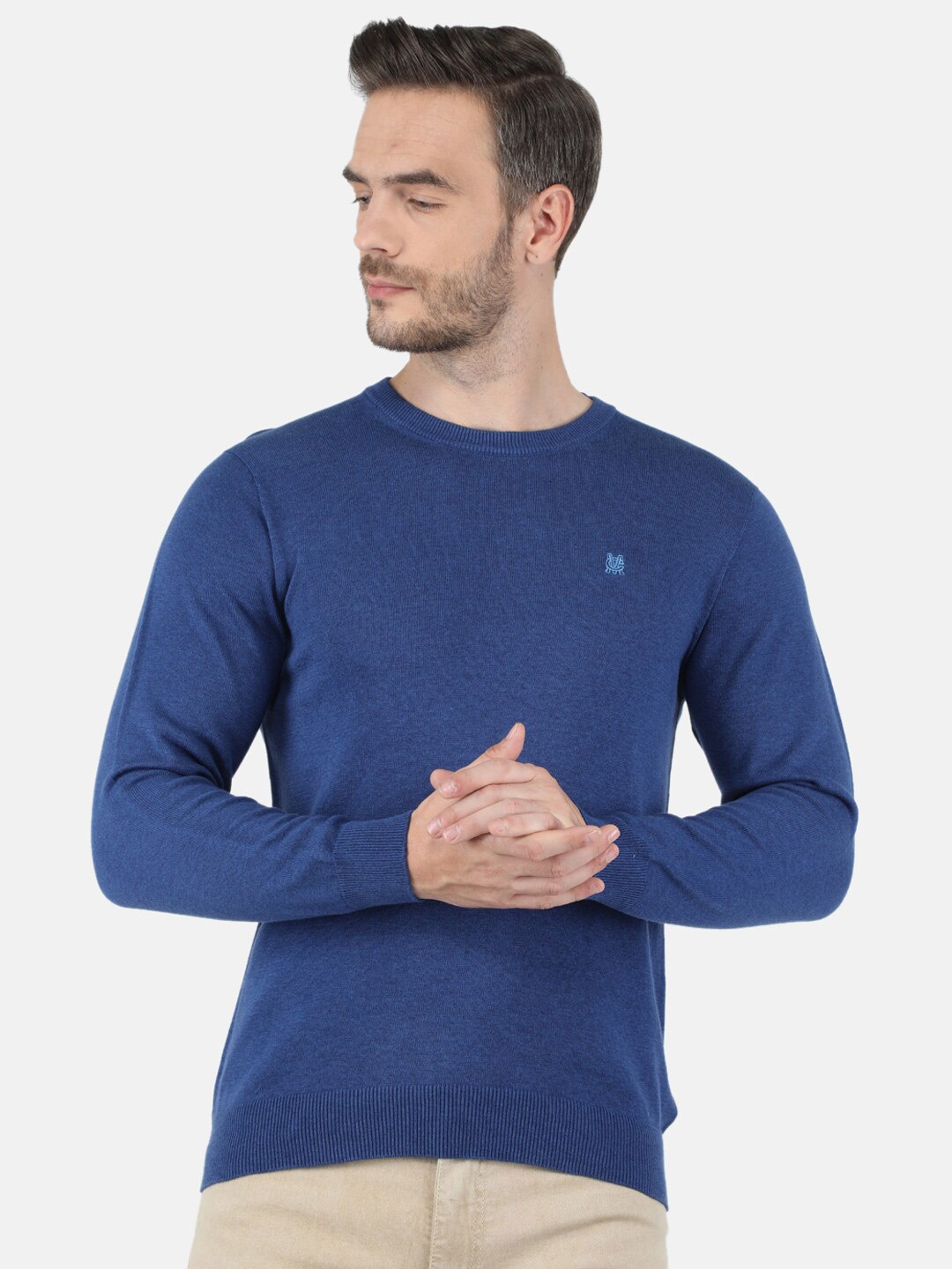 

Monte Carlo Men Maroon Solid Full Sleeves Pullover Sweater, Blue