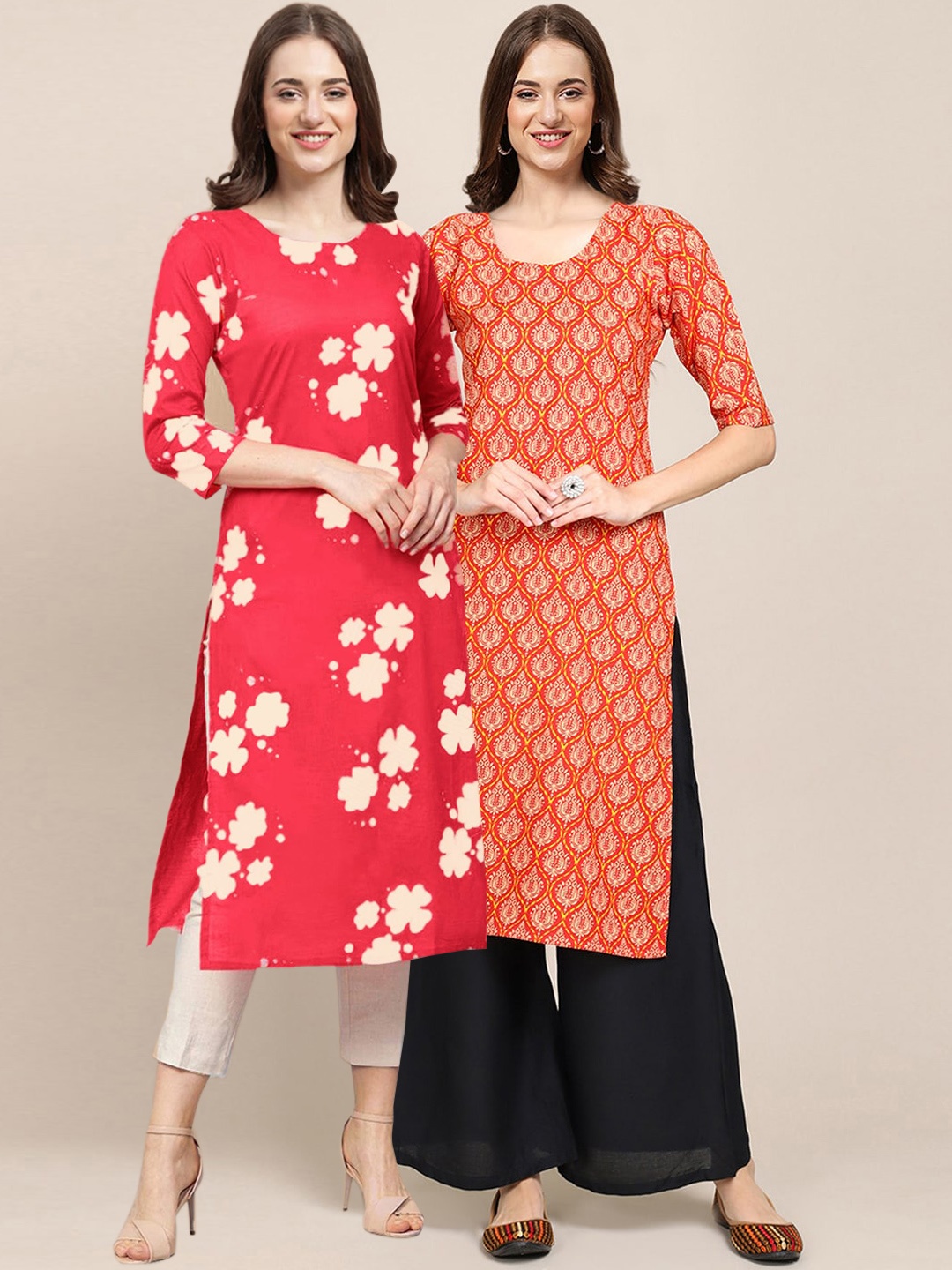 

7Threads Women Pack Of 2 Red & Orange Floral Printed Block Print Crepe Kurta