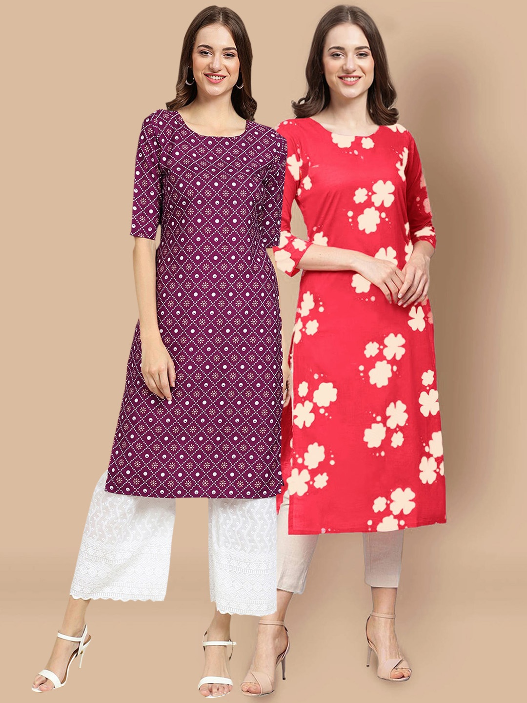 

7Threads Women Purple & Coral Geometric Printed Handloom Crepe Kurta