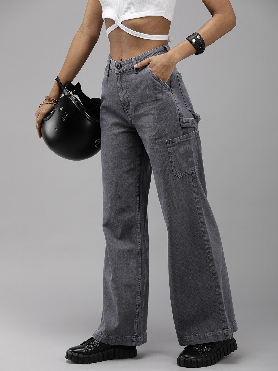 

The Roadster Life Co. Women Wide Leg High-Rise Pure Cotton Jeans, Grey