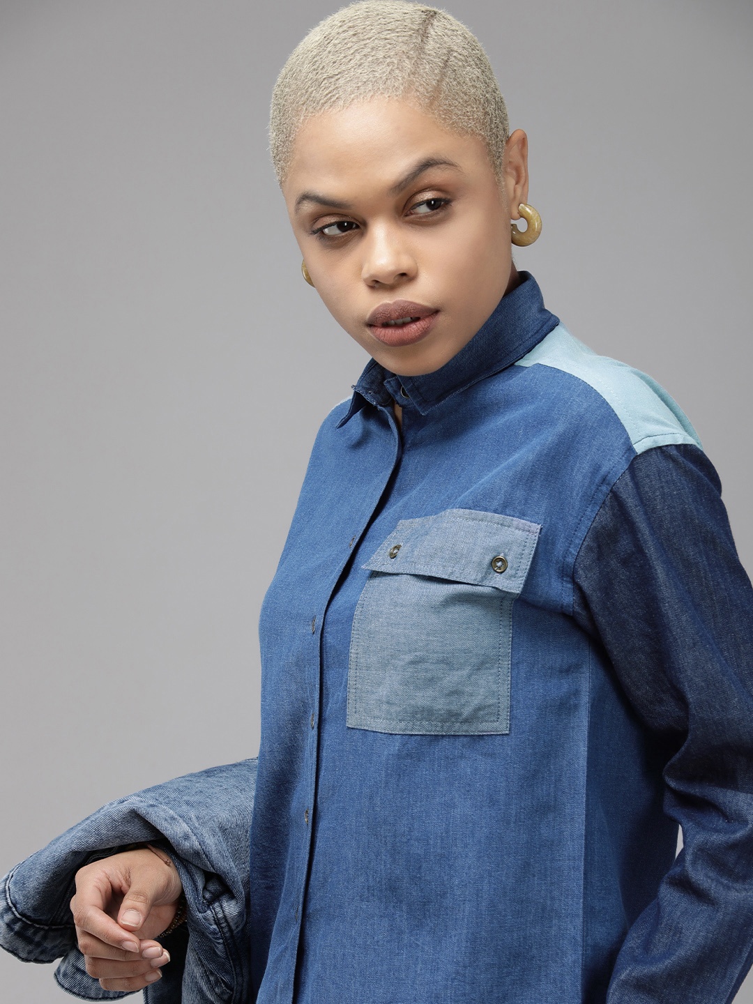 

The Roadster Life Co. Ocean Blue Block & Patch Pure Cotton Chambray Casual Shirt