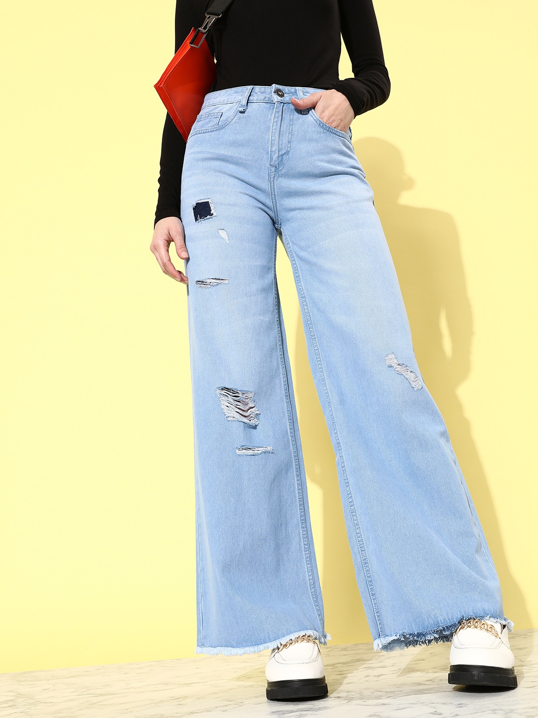 

The Roadster Lifestyle Co. Women Wide Leg High-Rise Highly Distressed Pure Cotton Jeans, Blue