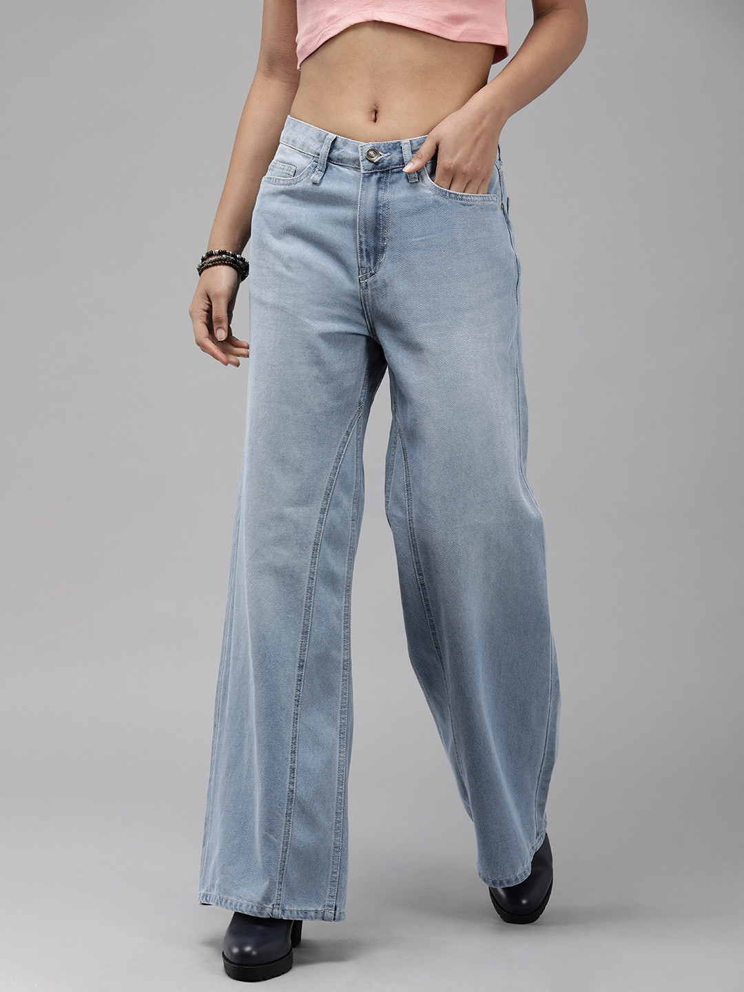 

The Roadster Life Co. Women Wide Leg High-Rise Light Fade Pure Cotton Jeans, Blue