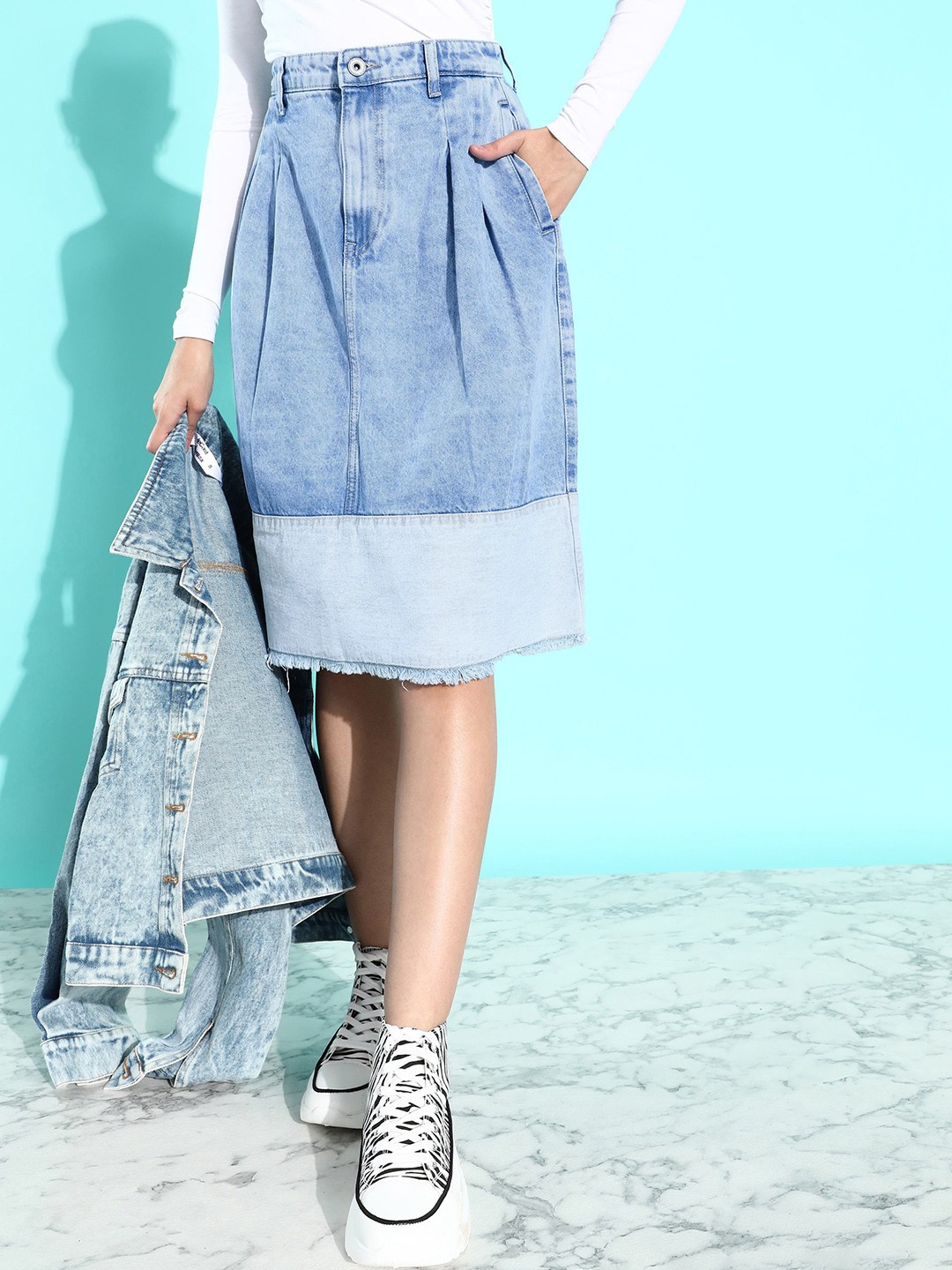 

The Roadster Life Co. Sky Blue Cold Crush Block & Patch Pure Cotton A-Line Denim Skirt