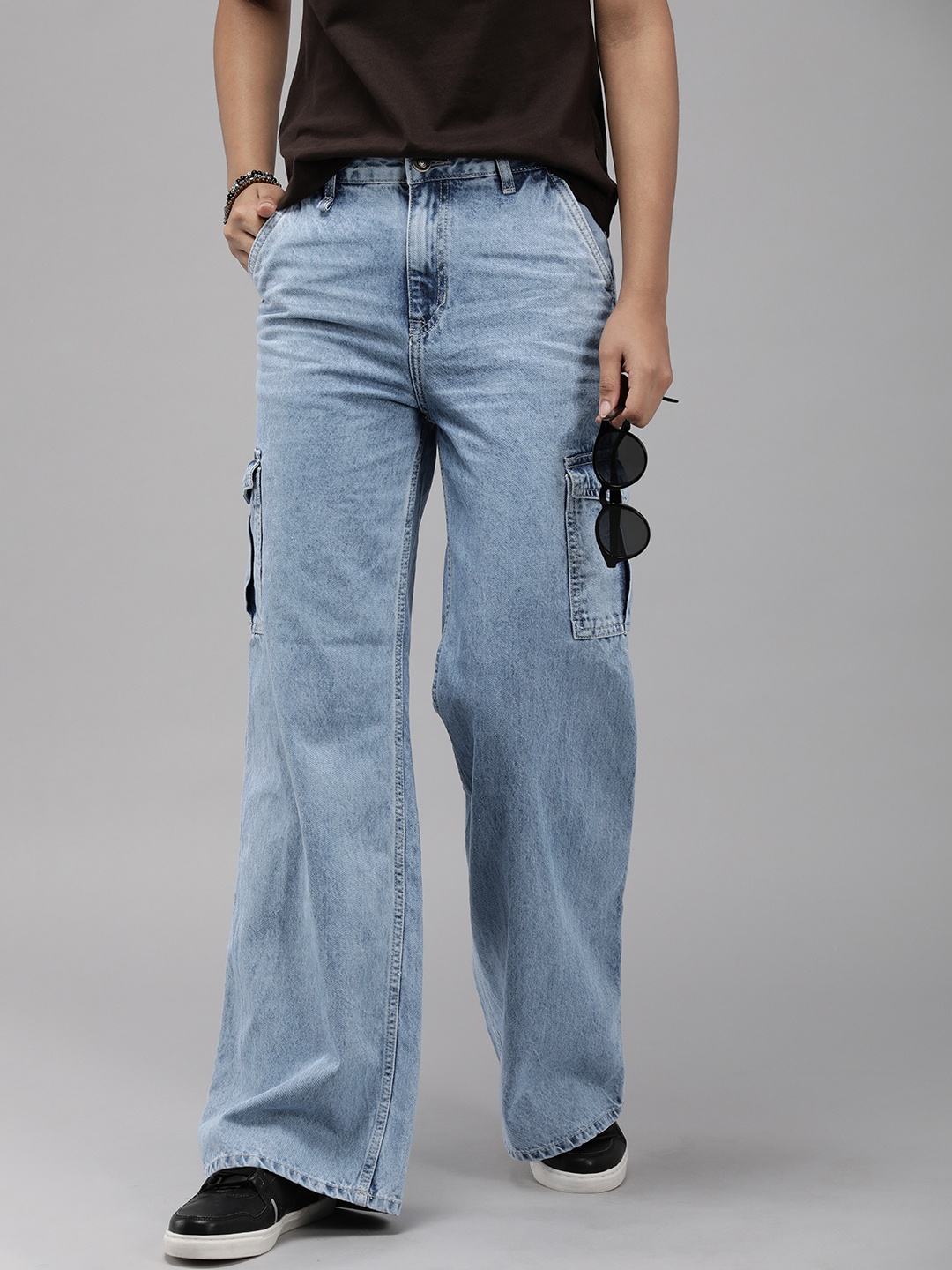 

The Roadster Life Co. Women Wide Leg High-Rise Heavy Fade Pure Cotton Jeans, Blue