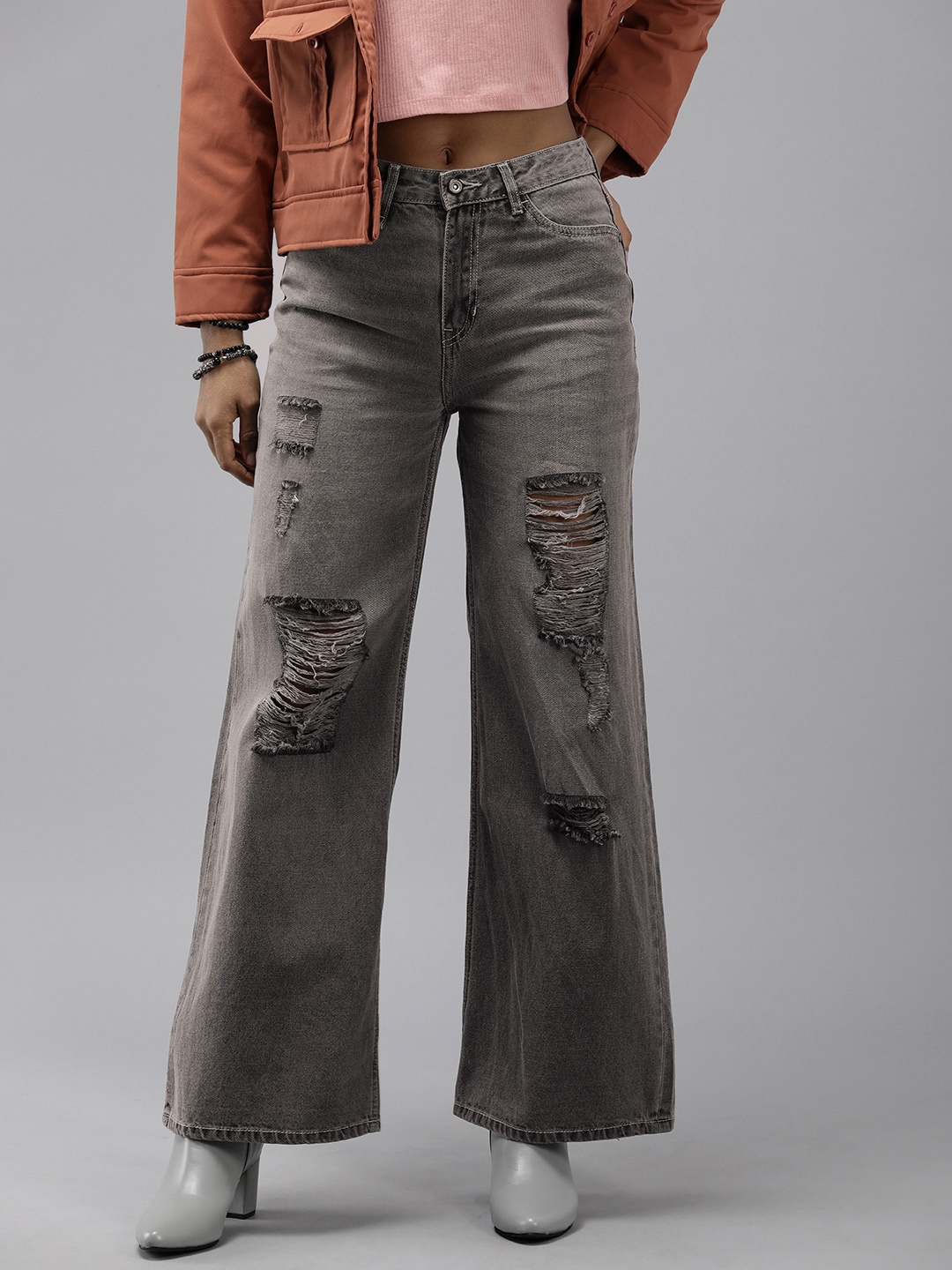 

The Roadster Lifestyle Co. Women Pure Cotton Wide Leg High-Rise Highly Distressed Jeans, Grey
