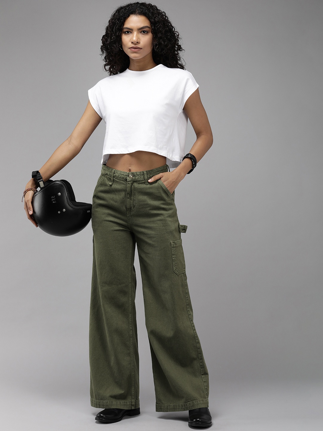 

The Roadster Life Co. Women Wide Leg High-Rise Pure Cotton Jeans, Olive