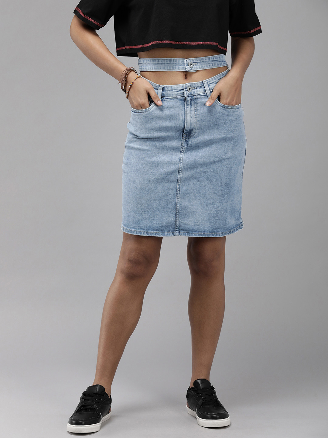 

The Roadster Lifestyle Co. Women Denim Straight Skirt With Cut Out Detailing, Blue