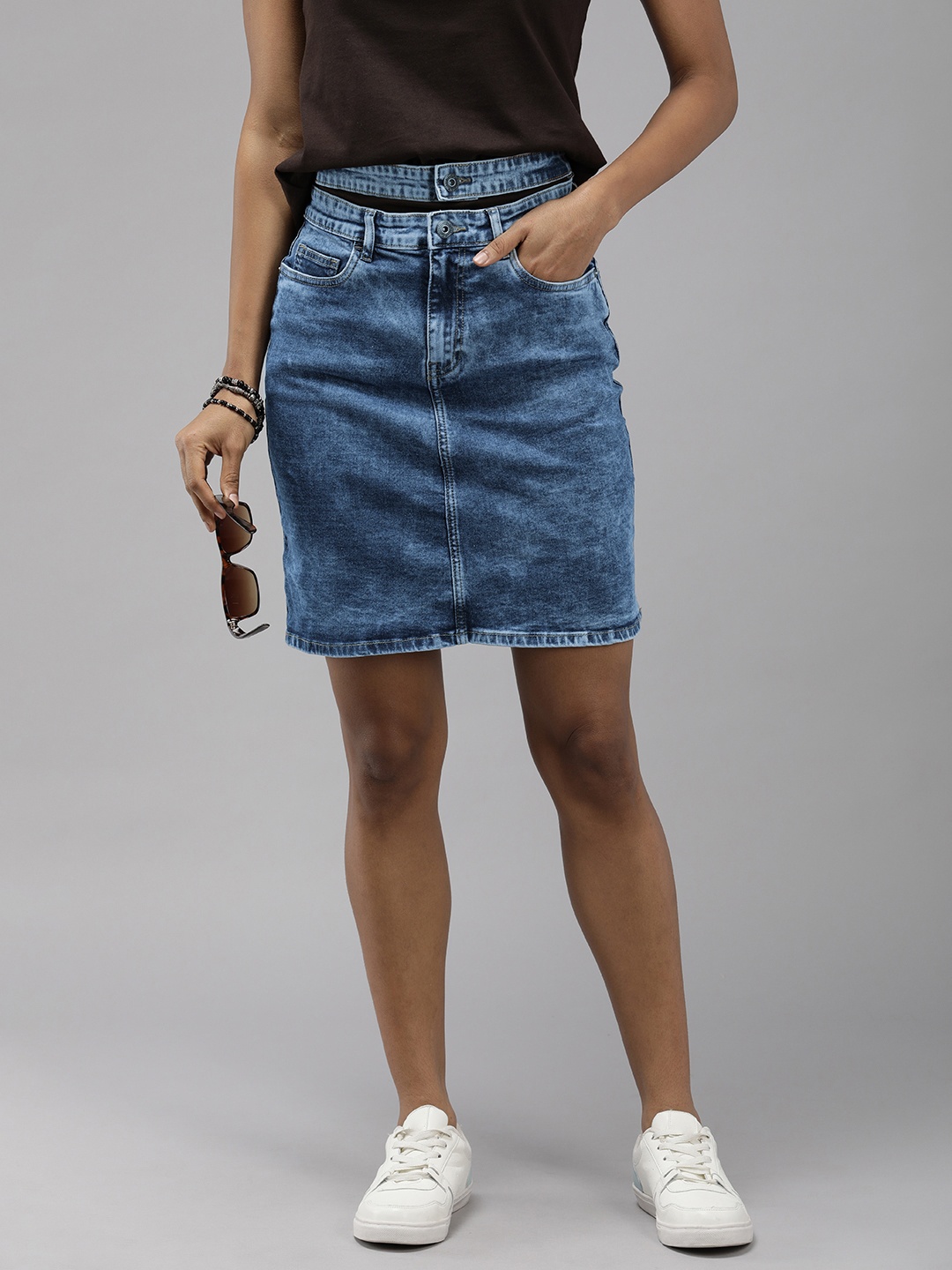 

The Roadster Lifestyle Co. Women Denim Straight Skirt With Cut Out Detailing, Blue