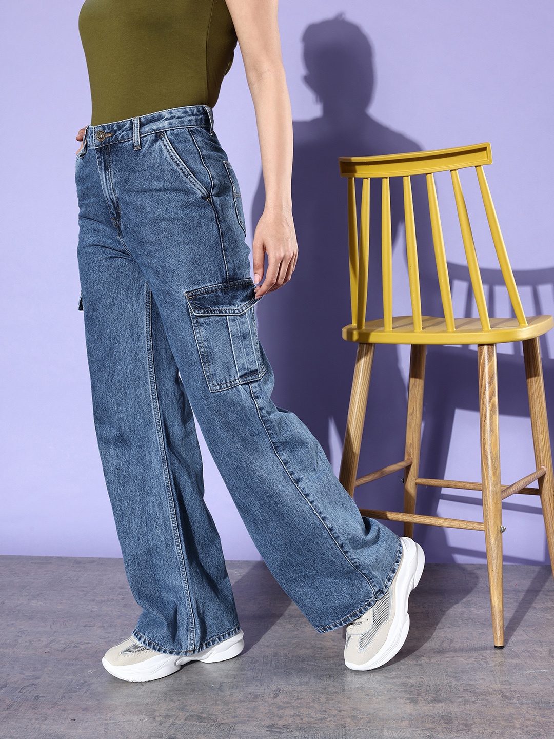 

The Roadster Life Co. Women Blue Wide Leg High-Rise Heavy Fade Utility Pure Cotton Jeans