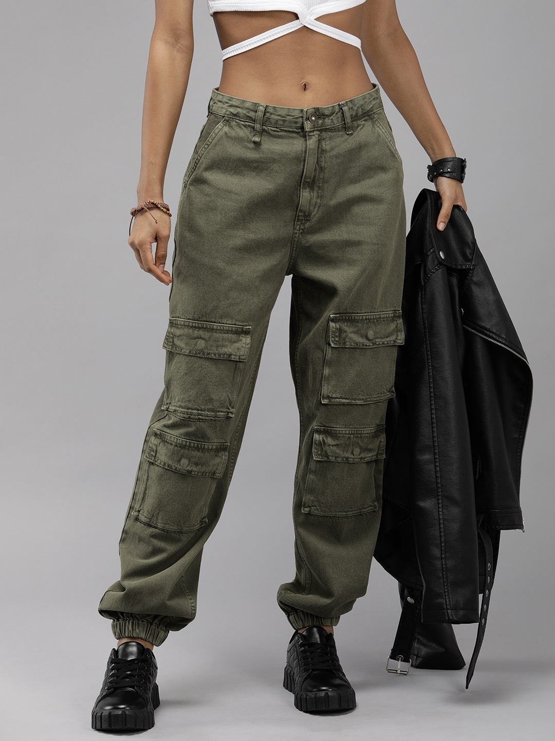 

The Roadster Life Co. Women High-Rise Baggy Fit Pure Cotton Denim Cargos, Olive