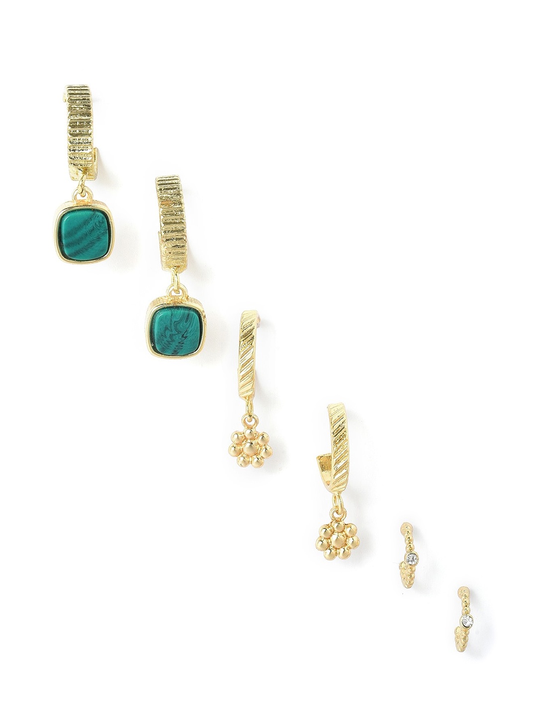 

W Set Of 3 Gold-Toned & Green Circular Half Hoop Earrings