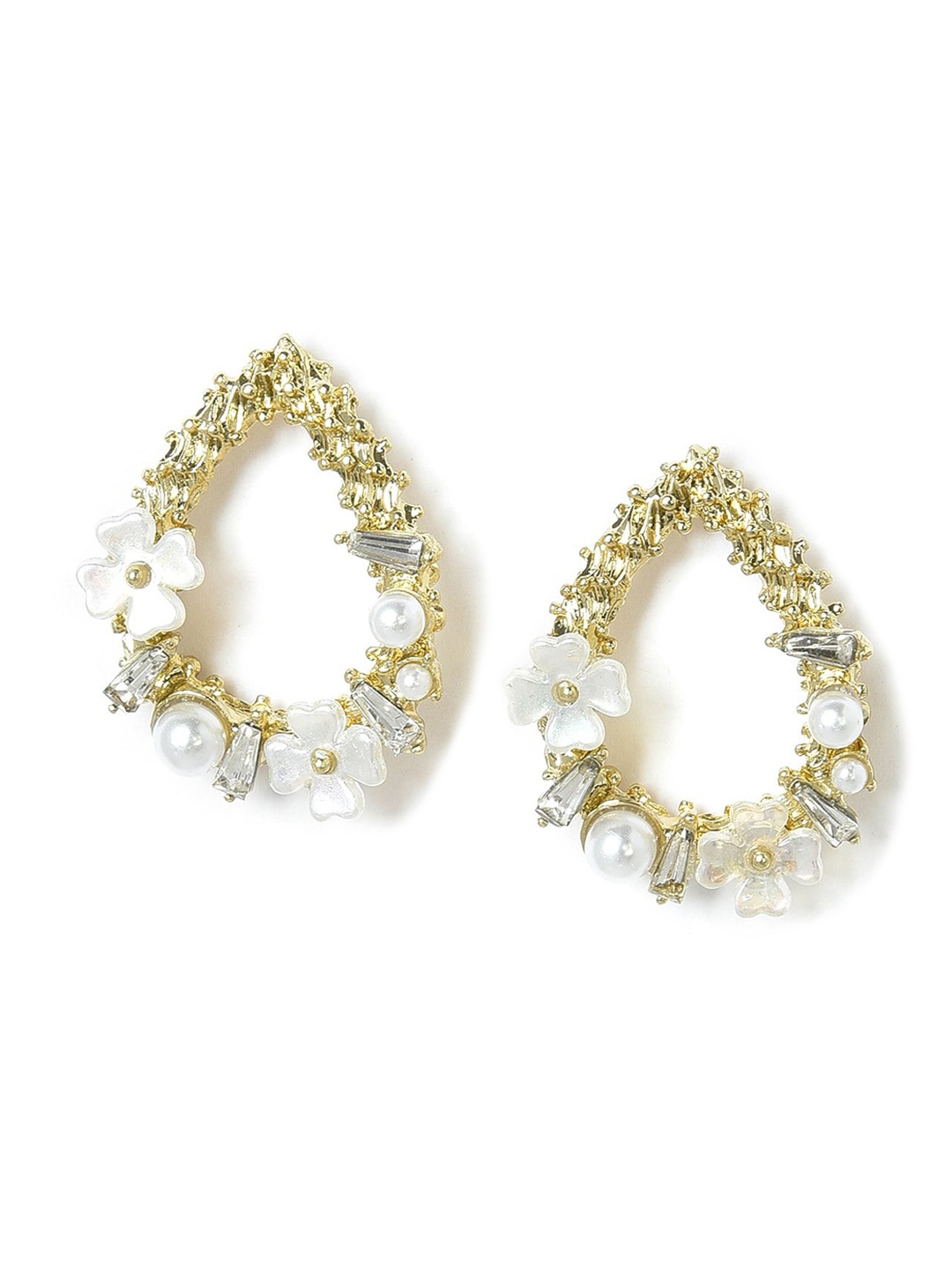 

W Gold-Toned & White Teardrop Shaped Studs Earrings