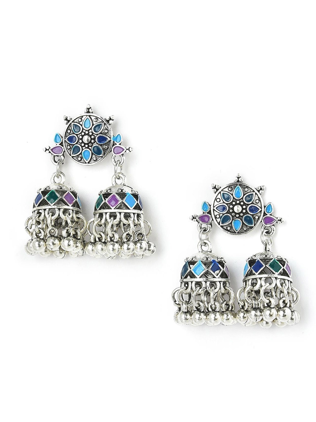 

W Blue & Silver-Toned Dome Shaped Jhumkas Earrings