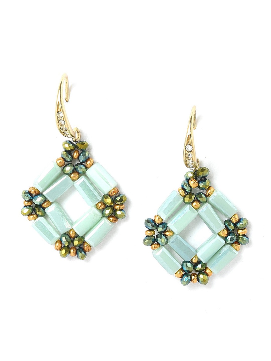 

W Green & Gold-Toned Geometric Drop Earrings