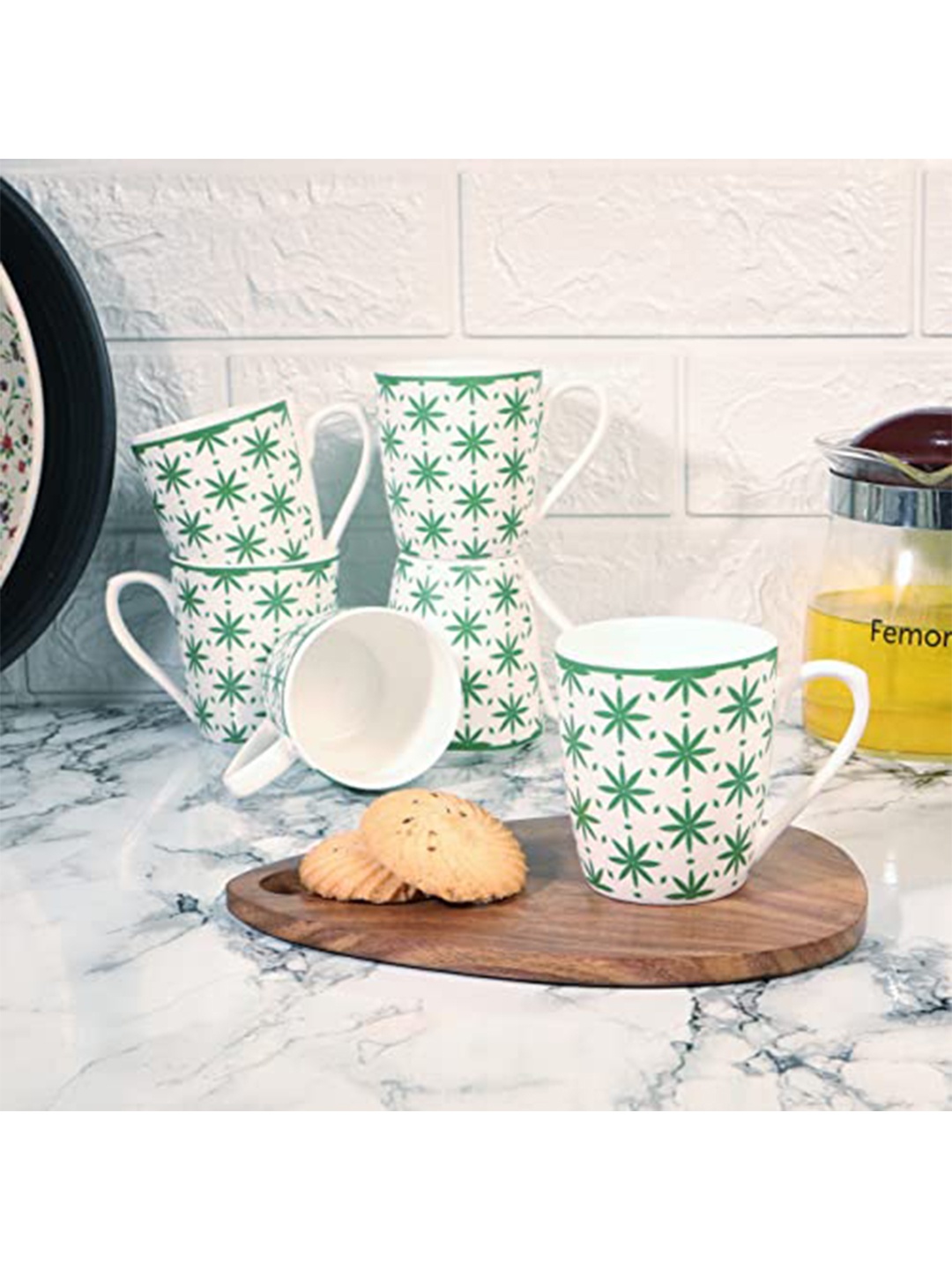 

Femora White & Green Set Of 6 Dishwasher Safe Printed Bone China Mugs 150 ml Each