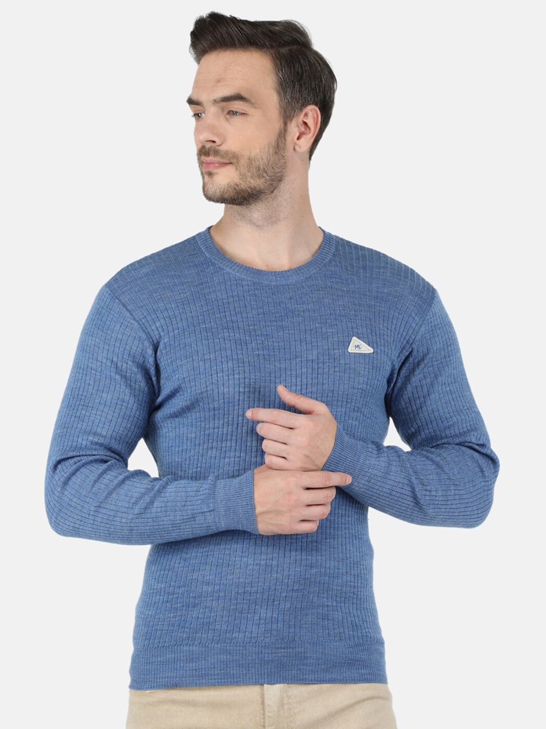 

Monte Carlo Mens Blend Wool Blue Solid Round Neck Pullover