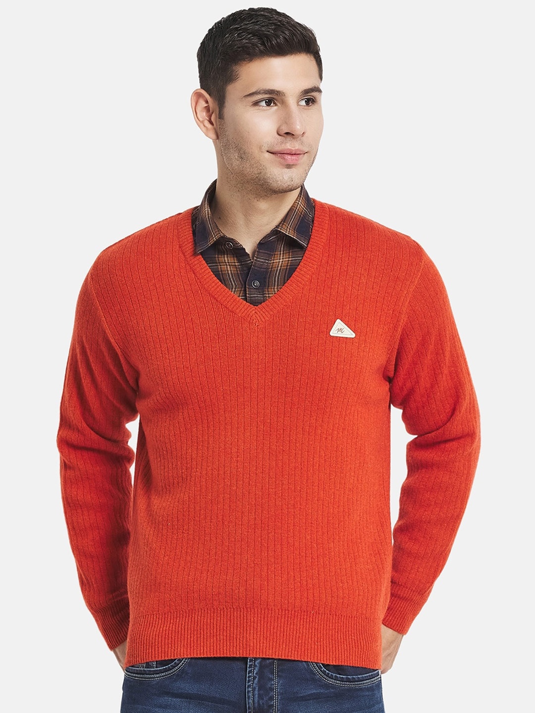 

Monte Carlo Men Red Solid Ribbed V Neck Pullover