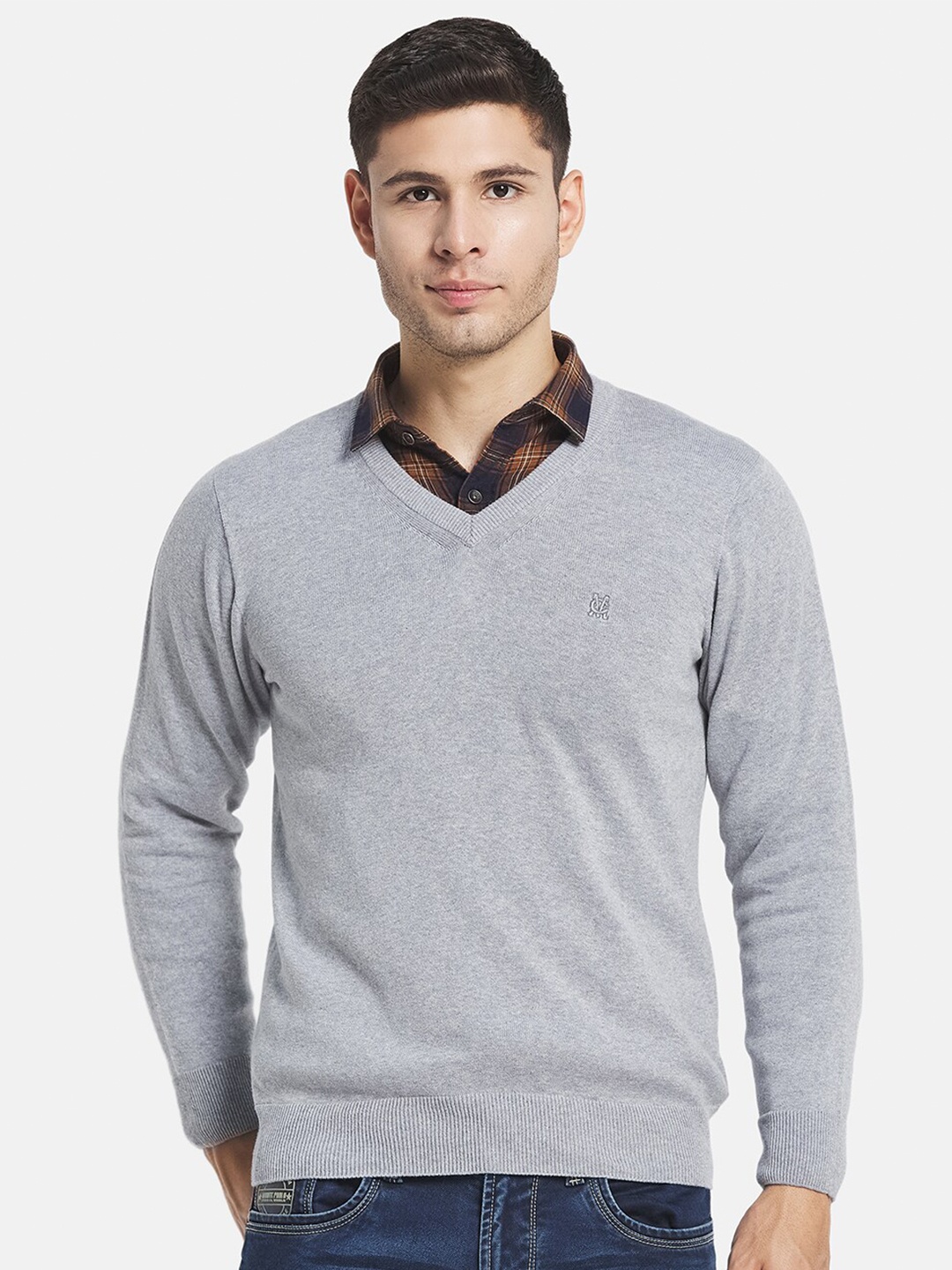 

Monte Carlo Men Grey Solid V Neck Pullover