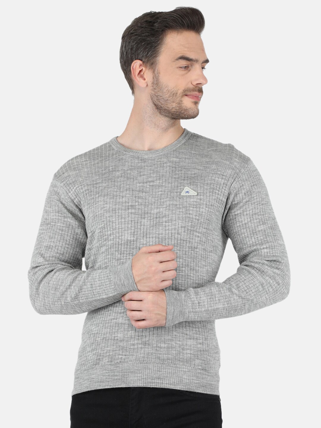 

Monte Carlo Men Grey Solid Round Neck Ribbed Pullover
