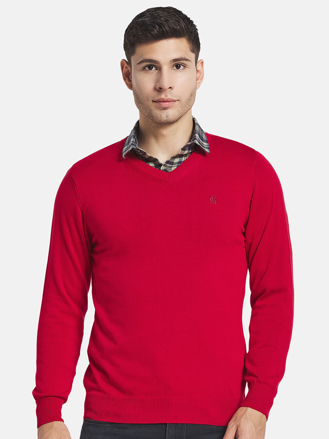 

Monte Carlo Men's Cotton Red Solid V Neck Pullover