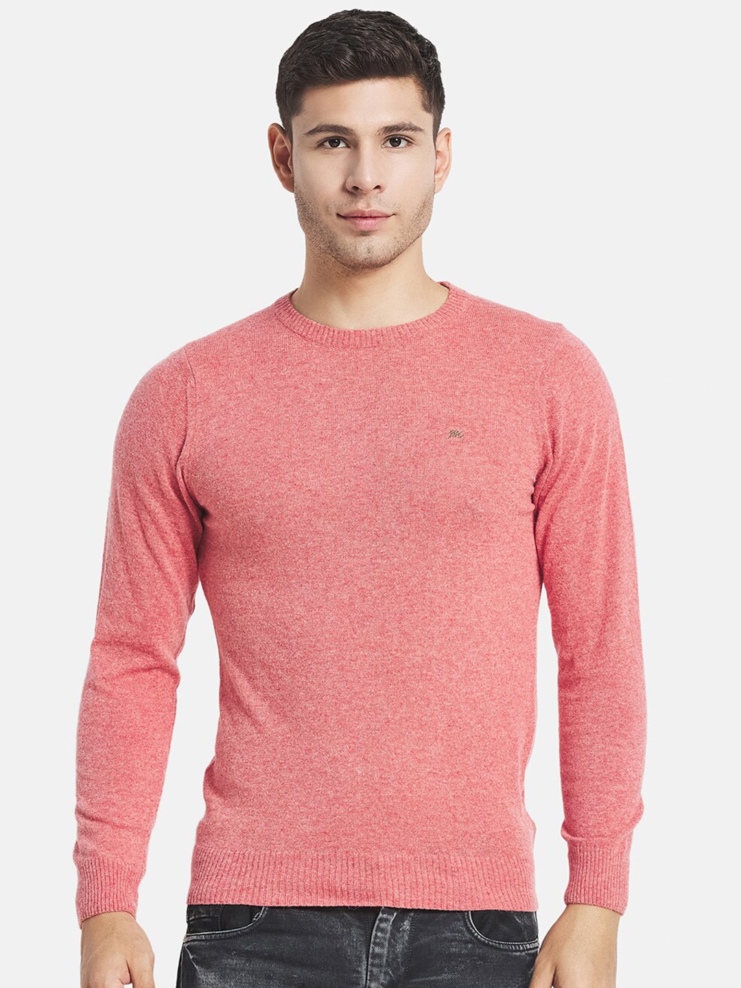 

Monte Carlo Men's Lambs Wool Pink Solid Round Neck Pullover