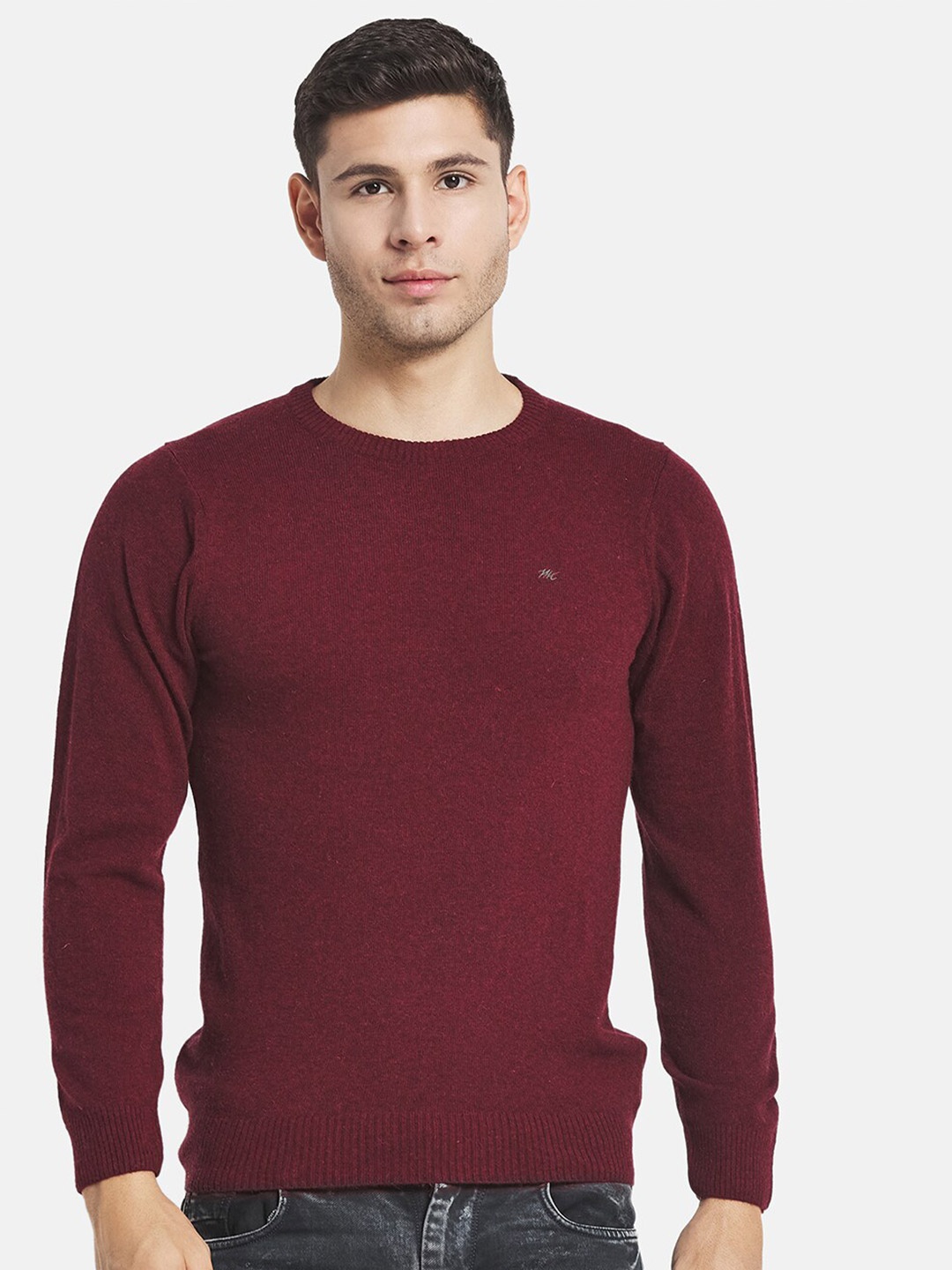 

Monte Carlo Men's Lambs Wool Maroon Solid Round Neck Pullover