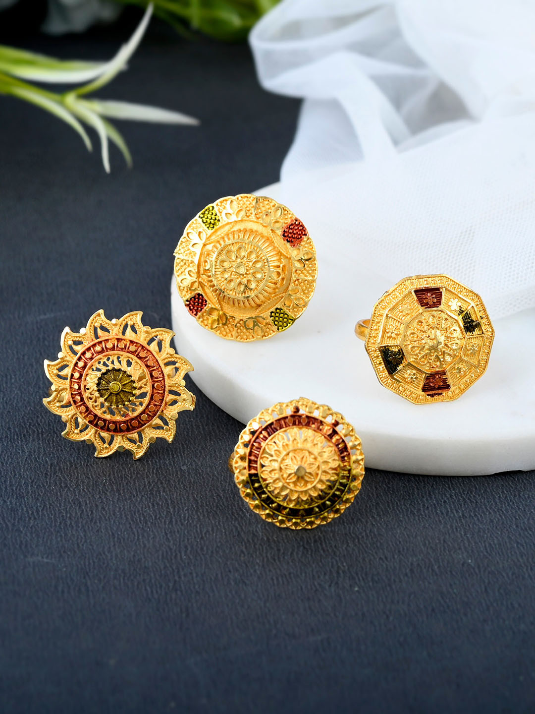 

Silvermerc Designs Set of 4 Gold-Plated Meenakari Adjustable Finger Rings