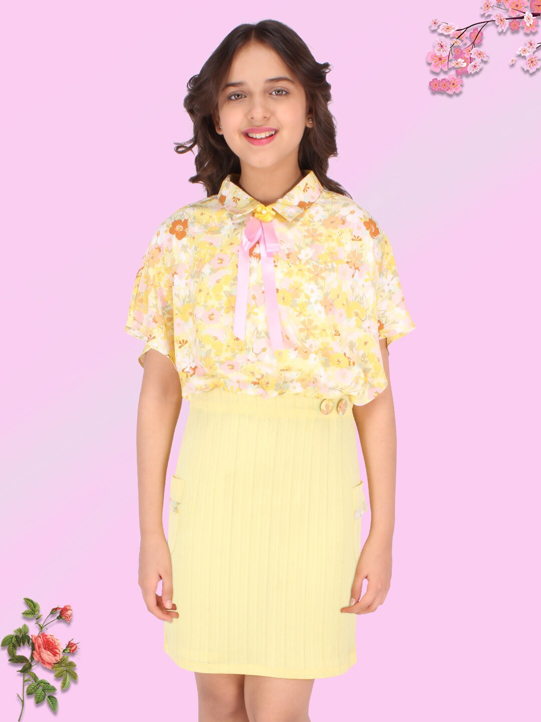 

CUTECUMBER Girls Yellow Floral Georgette Blouson Dress
