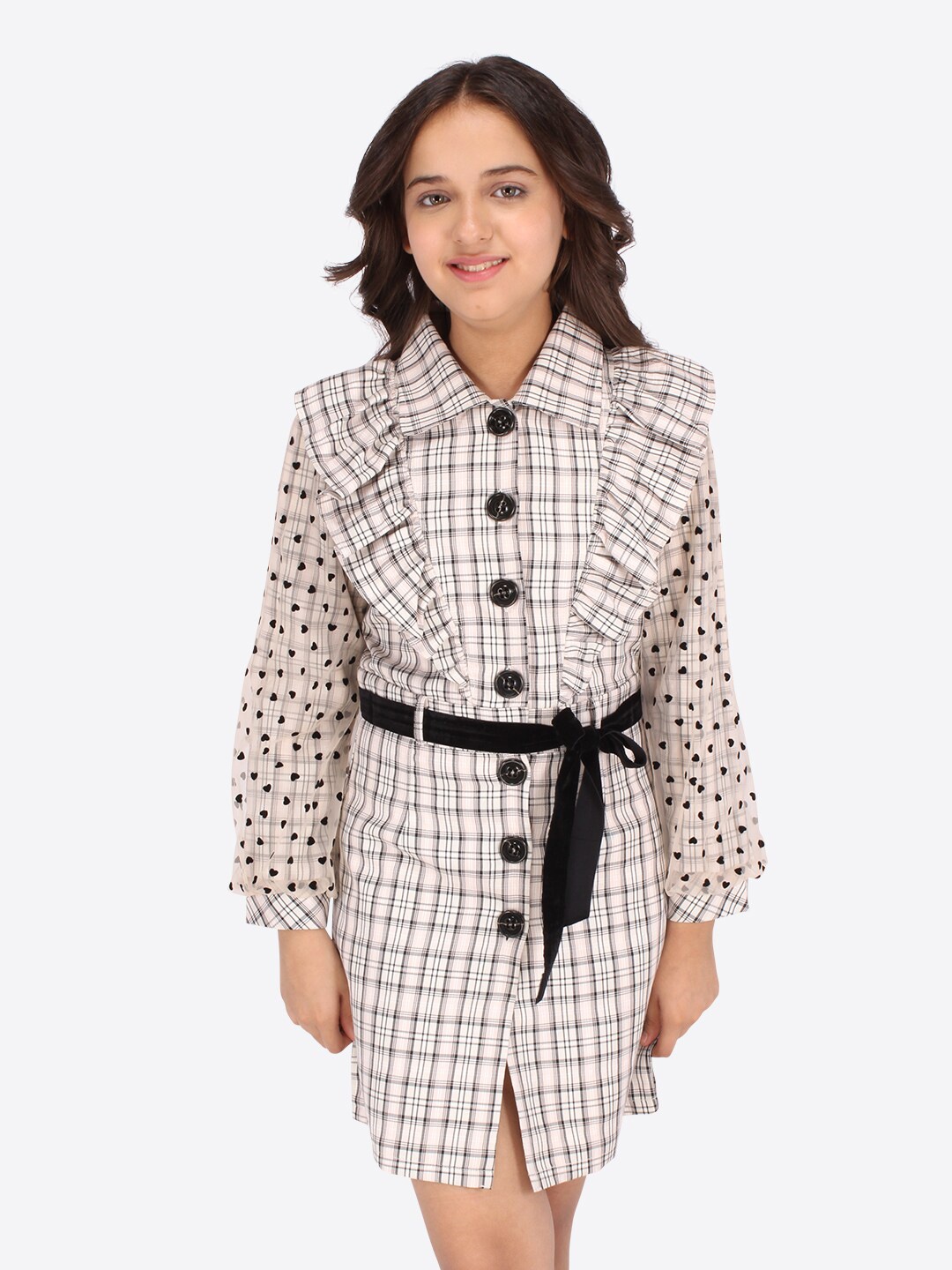 

CUTECUMBER Girls Cream-Coloured Checked Shirt Dress