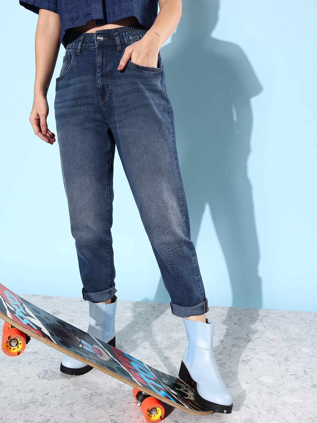 

Mast & Harbour Women Deep Blue Retro Optimism Boyfriend Fit Crafted Denim Jeans