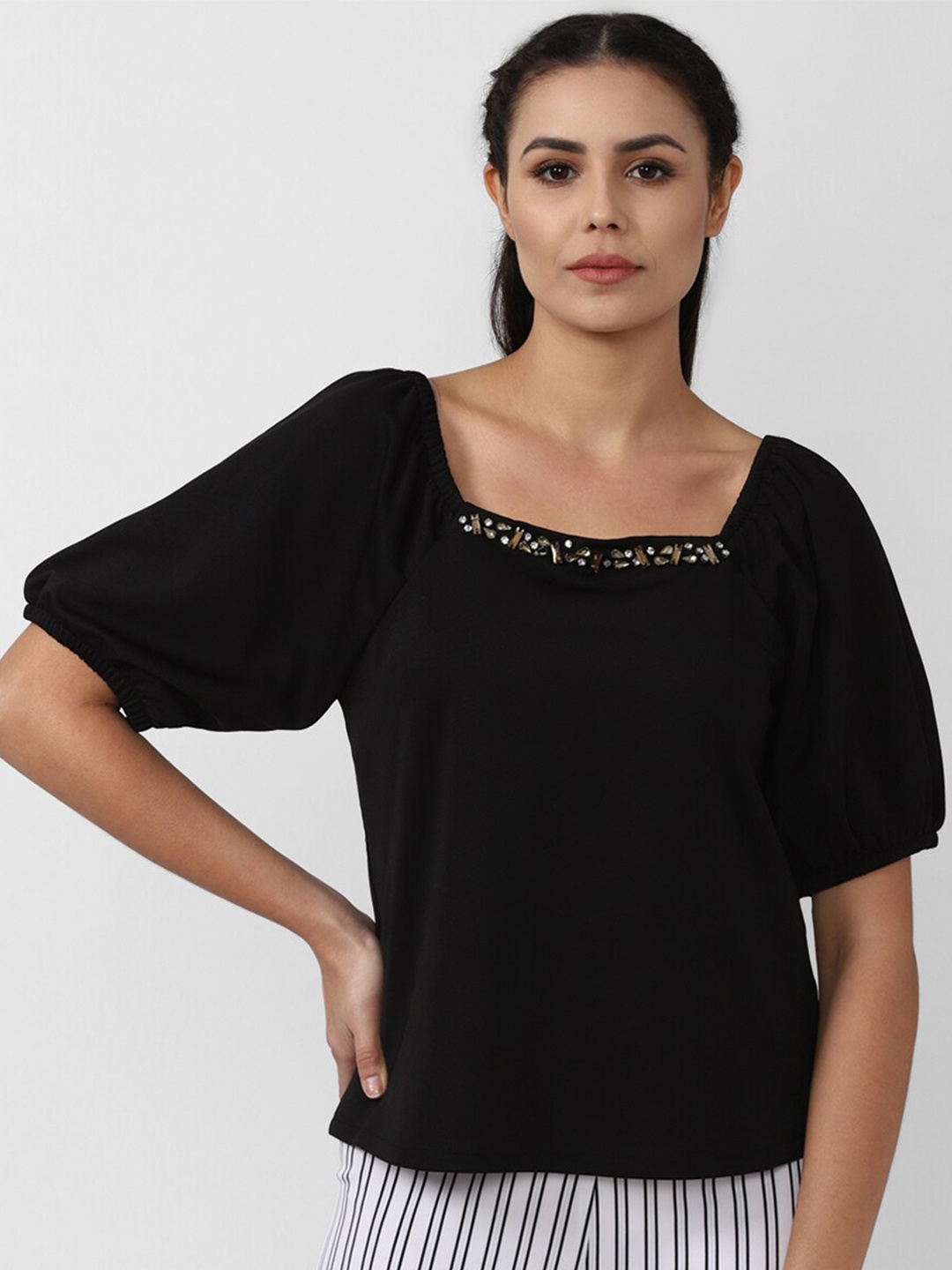

Van Heusen Woman Black Solid Studded Top