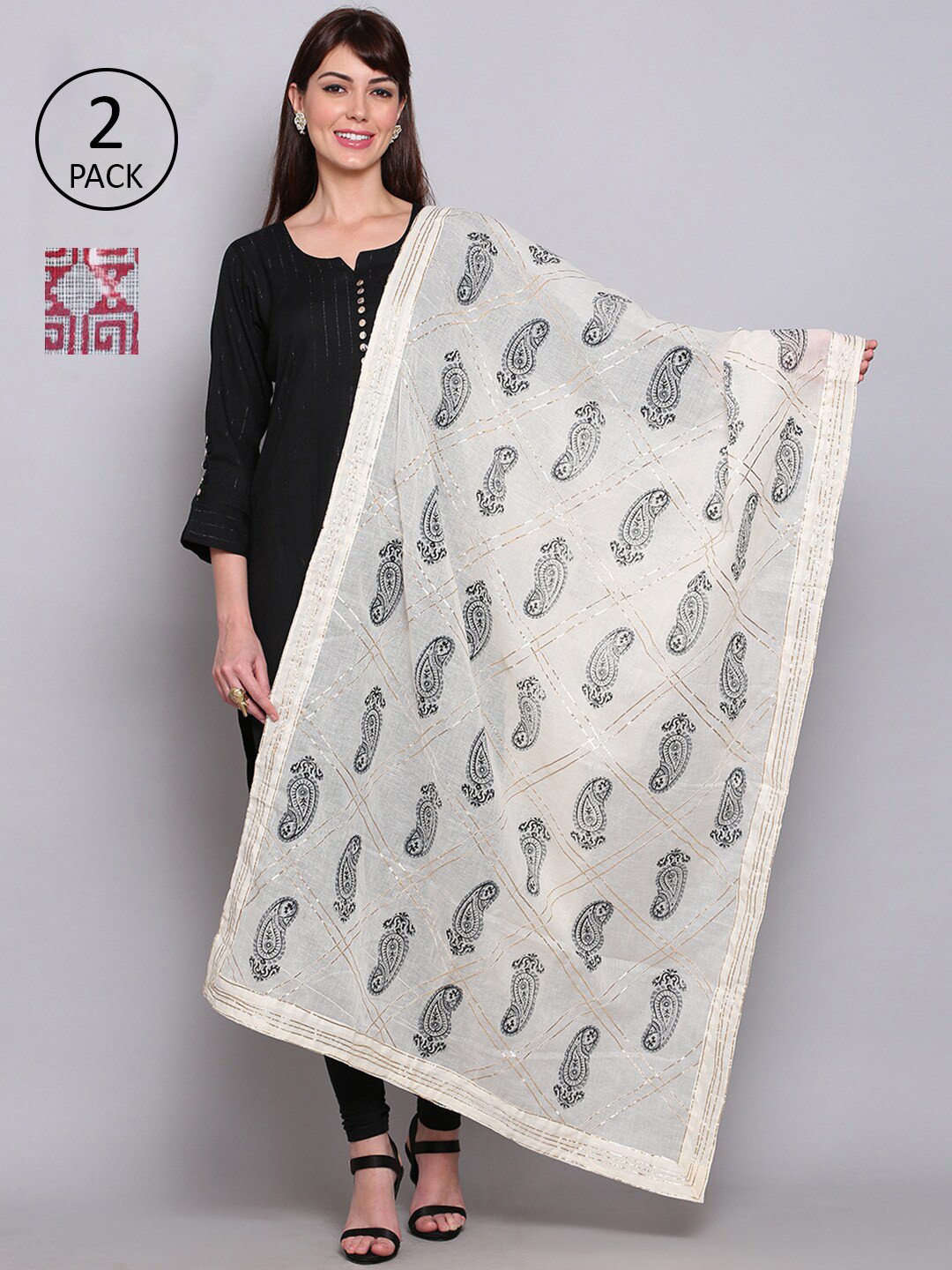 

Miaz Lifestyle Pack of 2 Off White & White Printed Cotton Dupatta with Gotta Patti