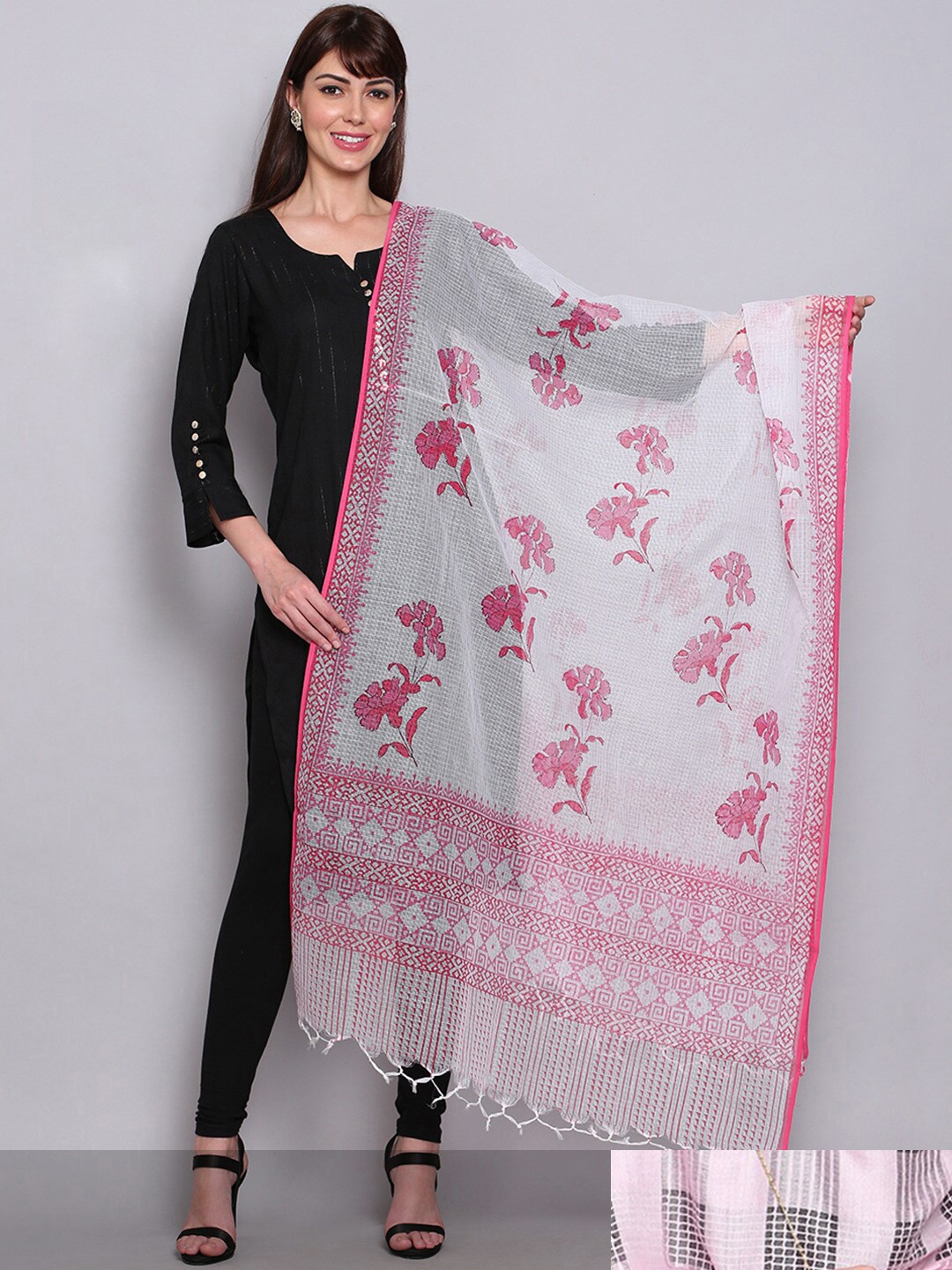 

Miaz Lifestyle White & Pink Woven Design Bandhani Dupatta