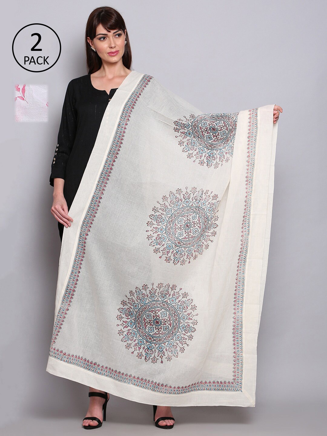 

Miaz Lifestyle Women Pack Of 2 White & Pink Ethnic Motifs Woven Design Cotton Dupatta