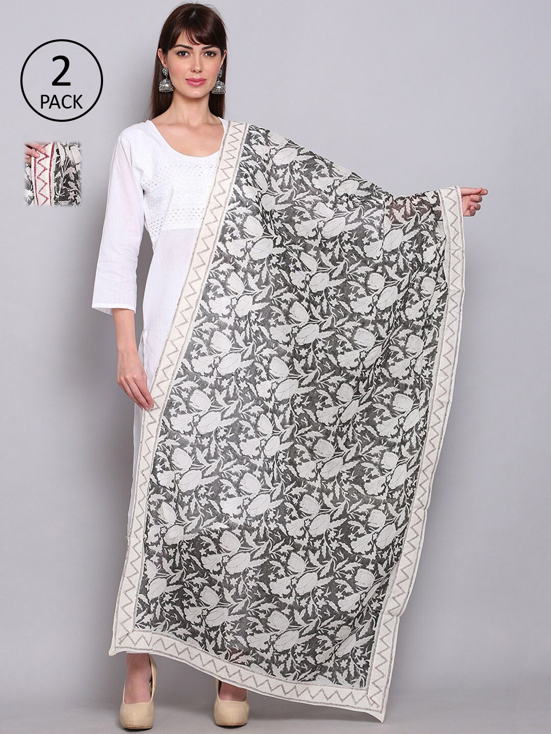 

Miaz Lifestyle Pack of 2 White & Black Printed Cotton Dupatta