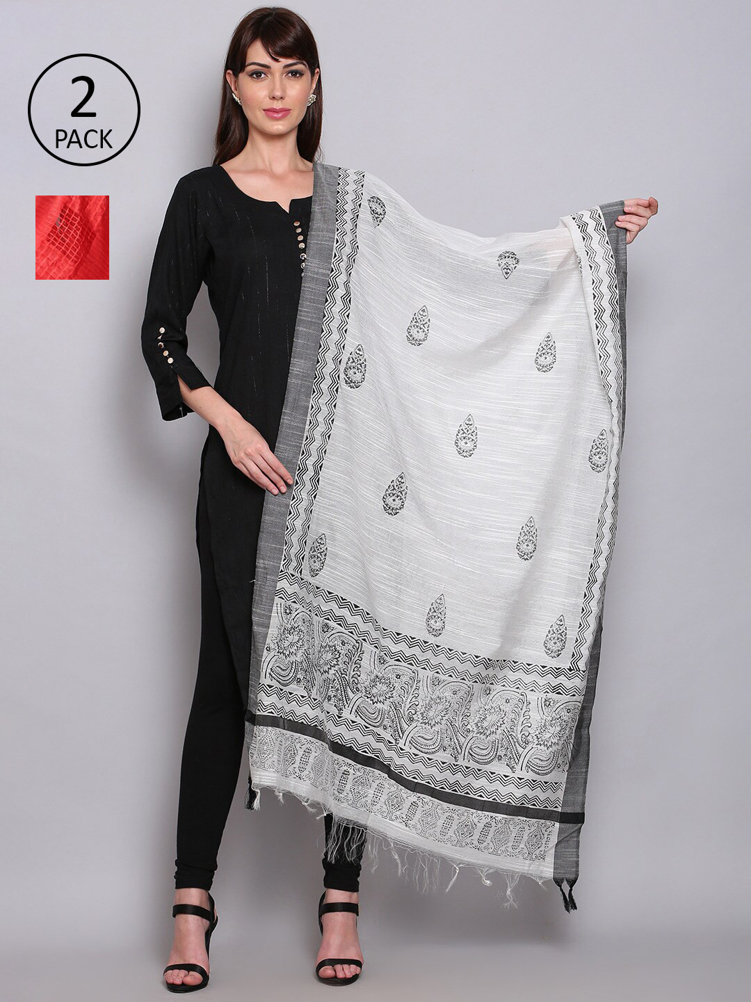 

Miaz Lifestyle Pack of 2 Red & White Ethnic Motifs Woven Design Dupatta