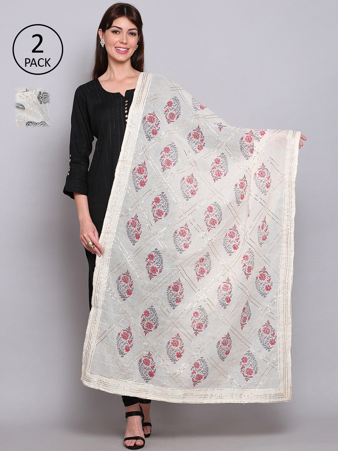 

Miaz Lifestyle White & Pink Pack Of 2 Printed Cotton Dupatta with Gotta Patti