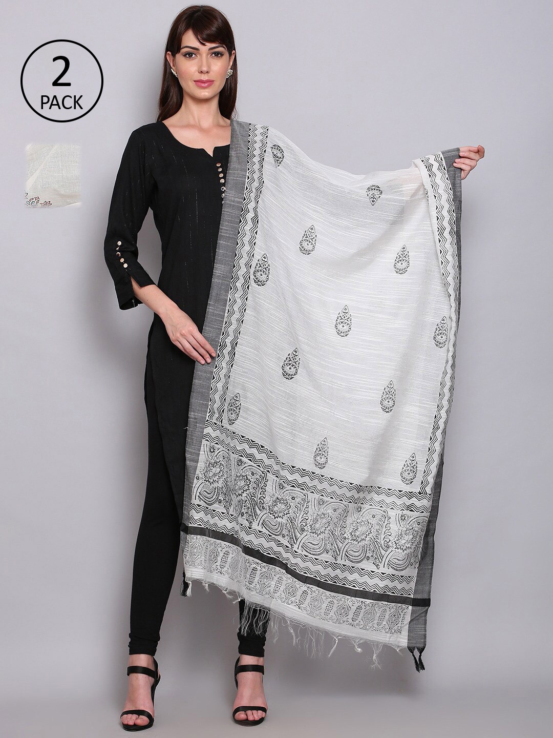 

Miaz Lifestyle Set Of 2 White & Black Ethnic Motifs Printed Cotton Dupatta