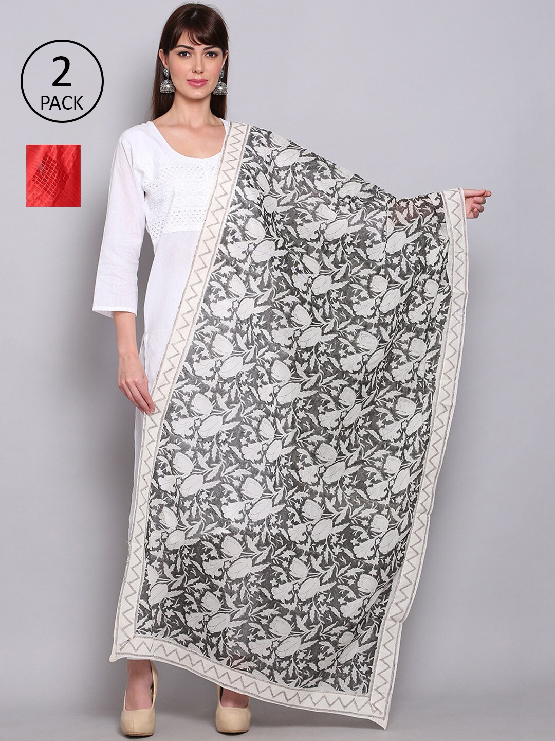 

Miaz Lifestyle Pack Of 2 White & Red Checked Dupatta