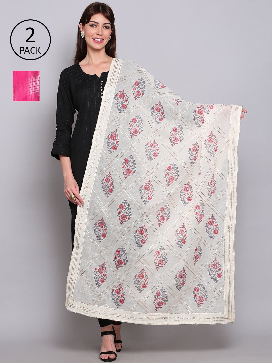 

Miaz Lifestyle Pack Of 2 White & Pink Ombre Woven Design Bandhani Dupatta