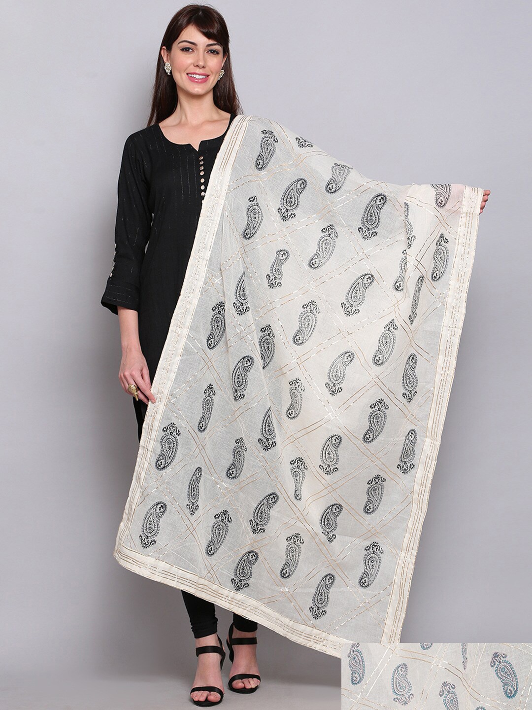 

Miaz Lifestyle White & Grey Woven Design Bandhani Cotton Dupatta with Gotta Patti