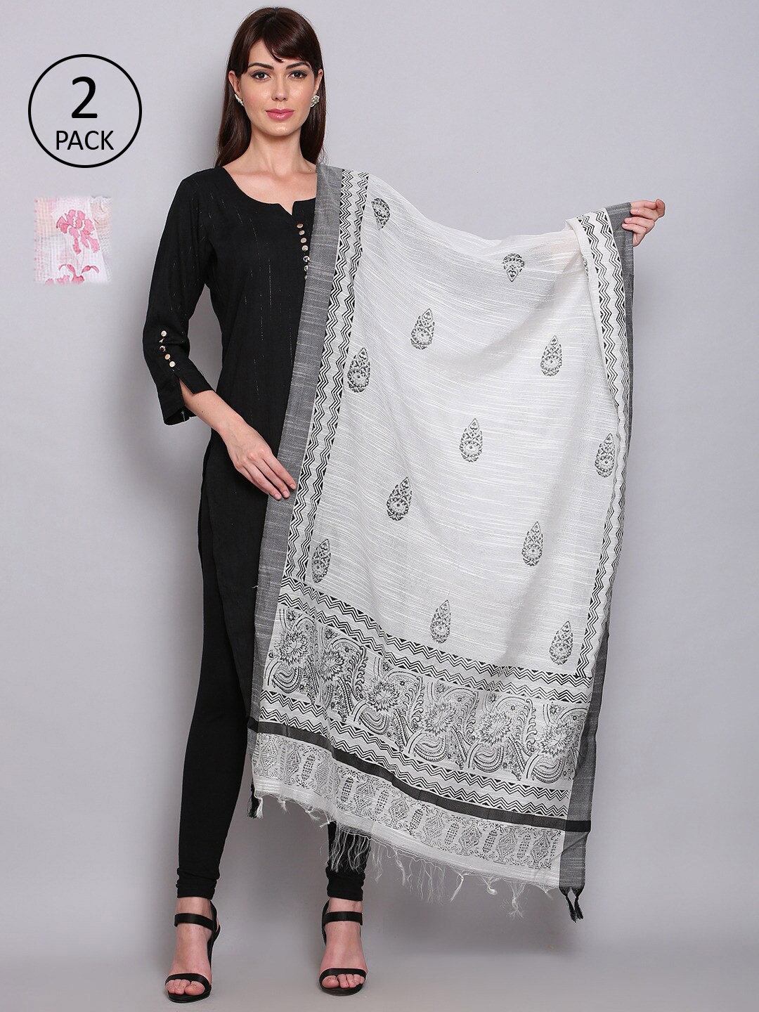 

Miaz Lifestyle White & Pink Pack of 2 Printed Cotton Dupatta