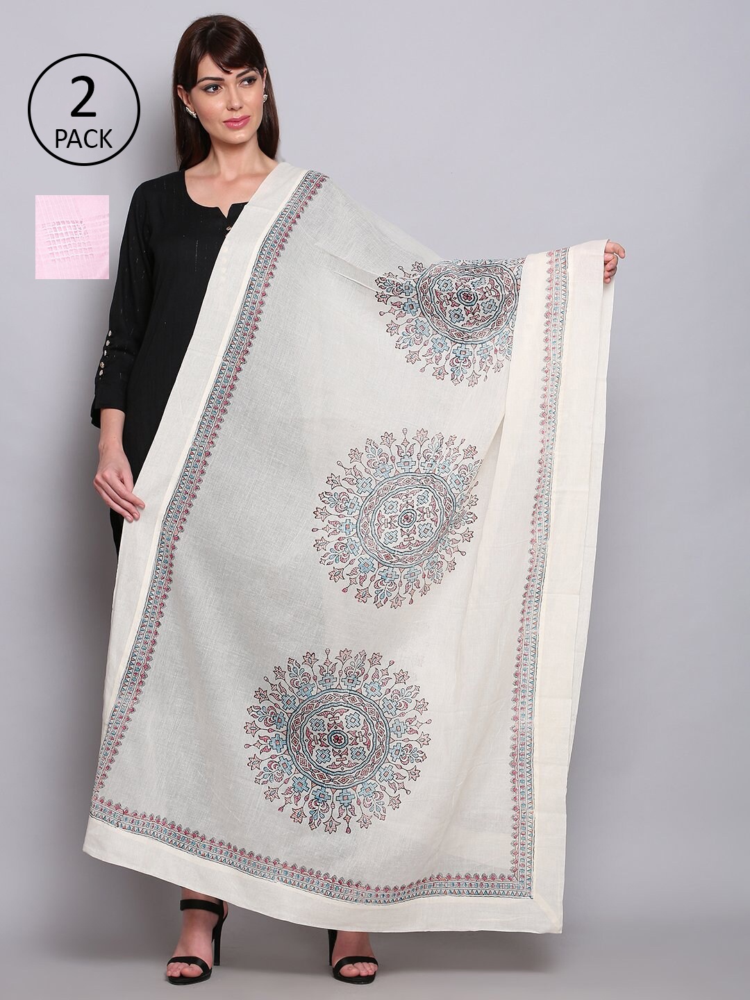

Miaz Lifestyle Pink & White Pack of 2 Ethnic Motifs Printed Dupatta