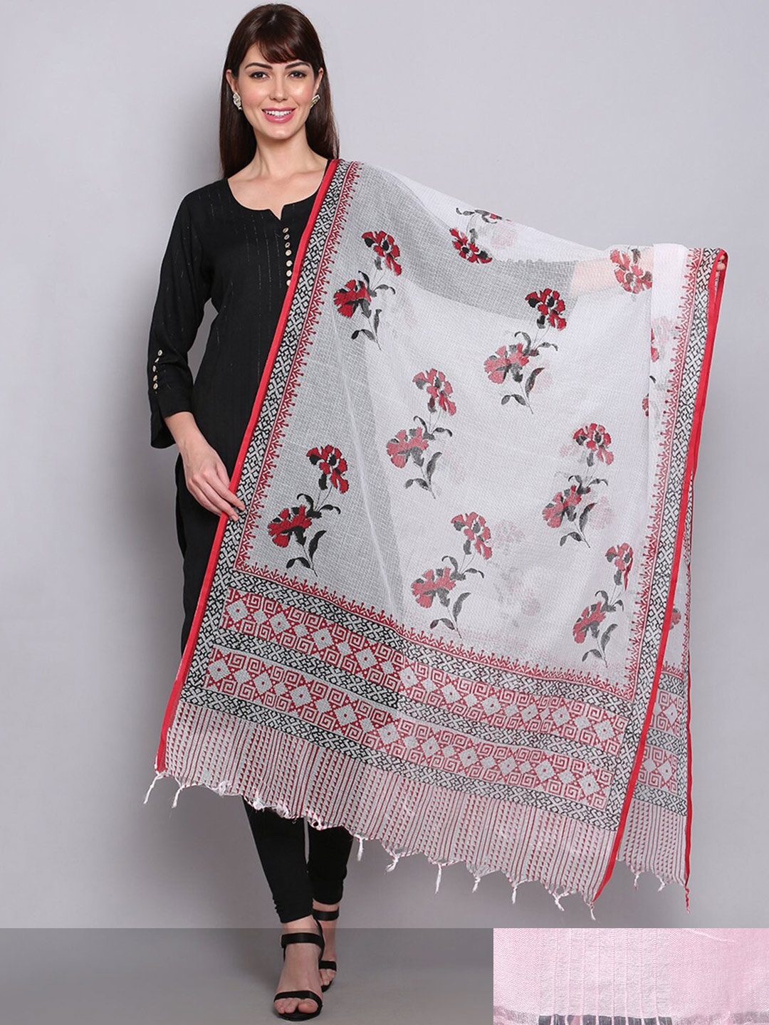 

Miaz Lifestyle White & Pink Printed Dupatta with Gotta Patti