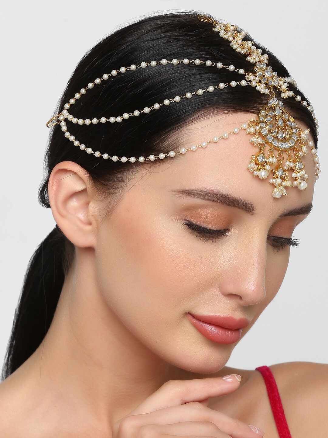 

OOMPH Gold-Plated White Kundan-Studded Pearl Beaded Matha Patti