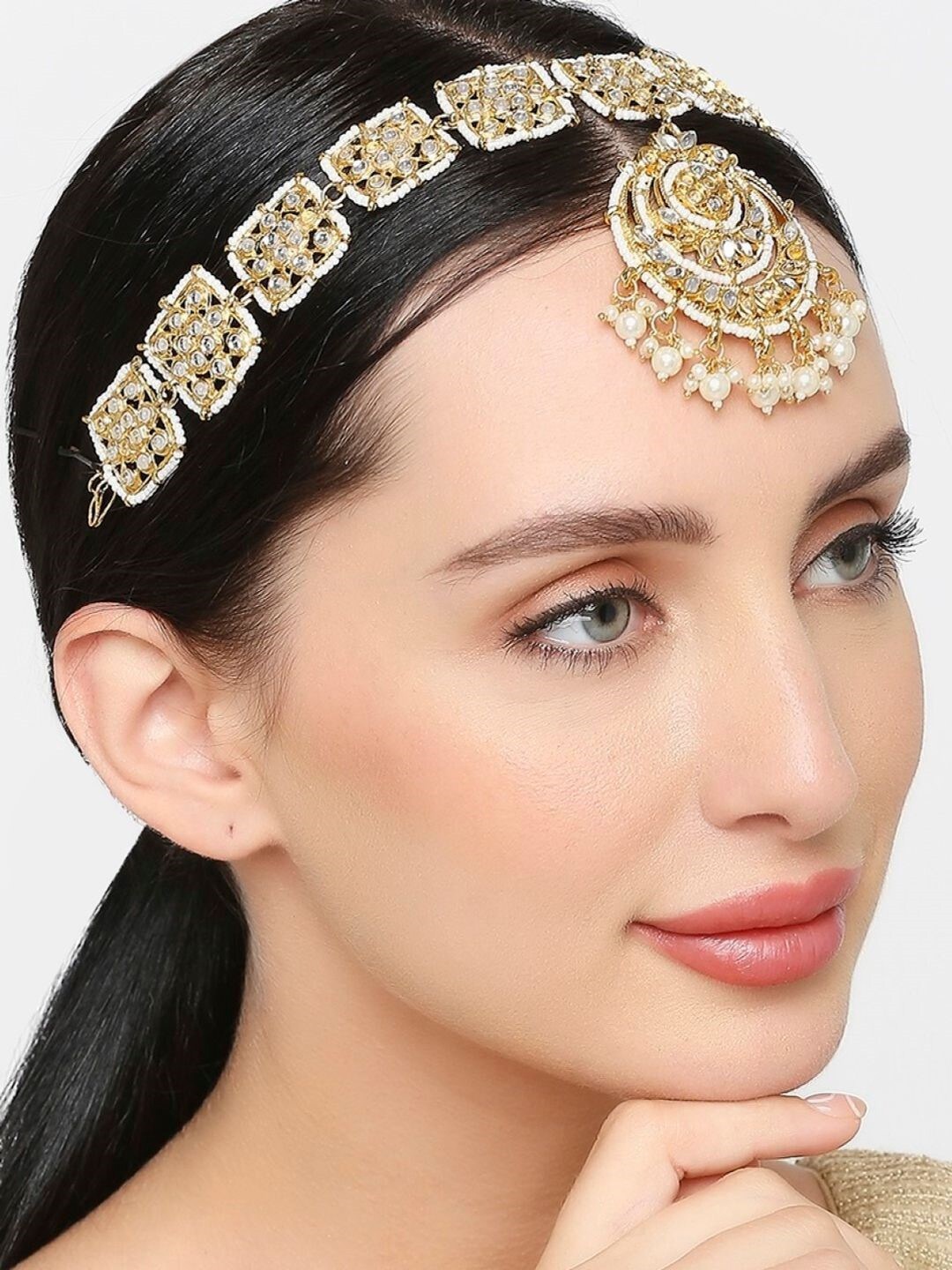 

OOMPH Gold-Plated White Kundan-Studded Pearl Beaded Matha Patti