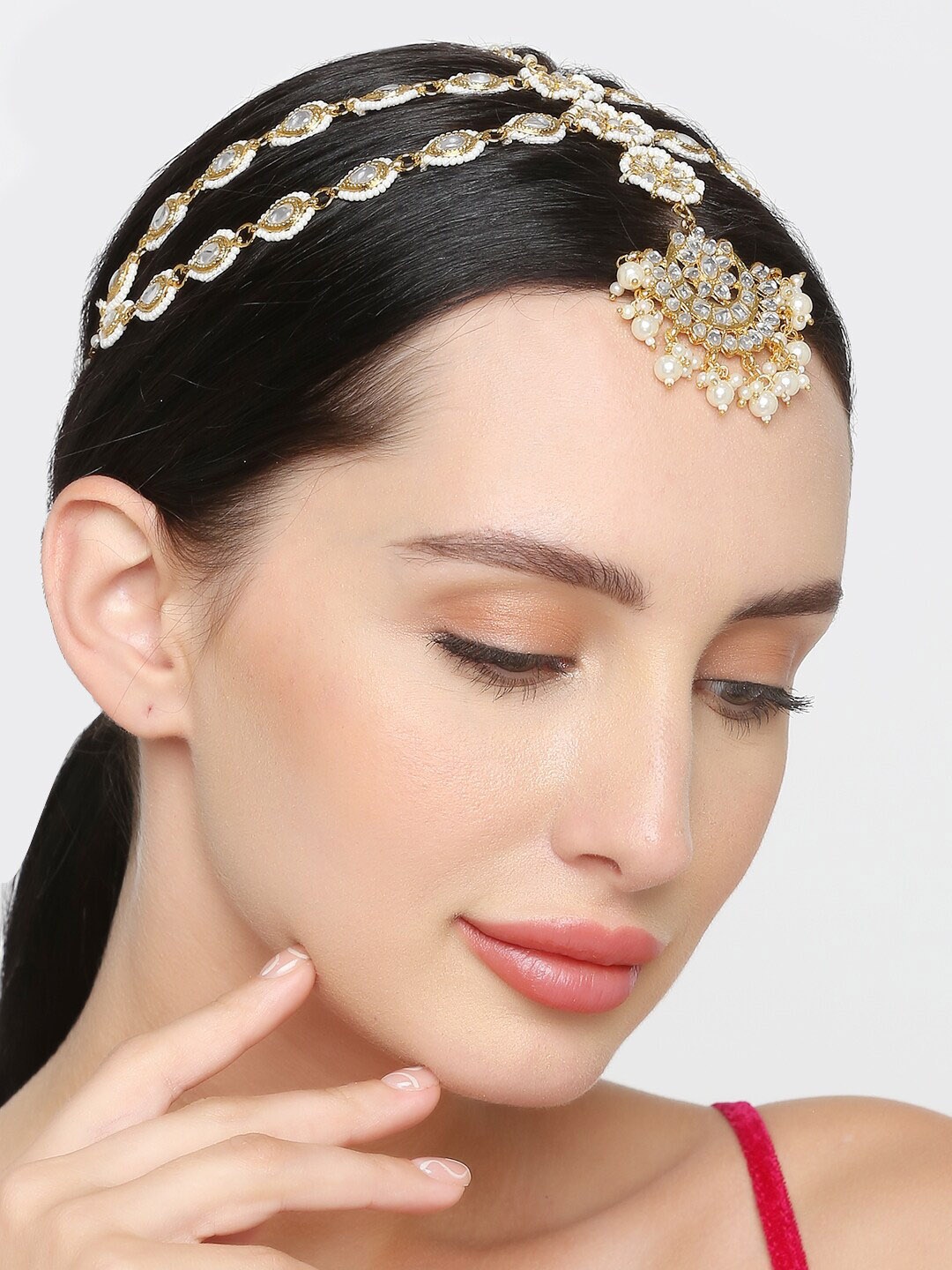 

OOMPH Gold-Toned White Stone-Studded & Beaded Matha Patti